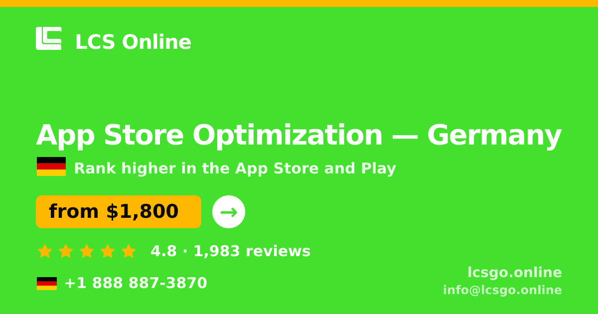 App Store Optimization in Germany — from $1,800/mo, rated 4.8/5 by 1983 clients. LCS Online.