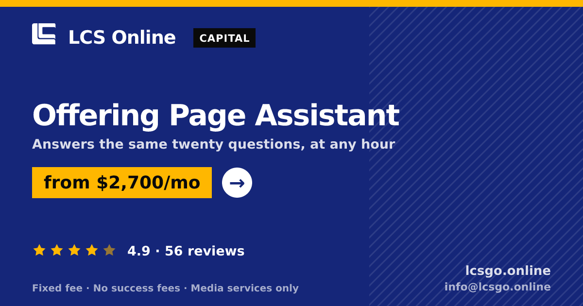 Offering Page Assistant — from $2,700/mo, rated 4.9/5 across 56 reviews. LCS Online.