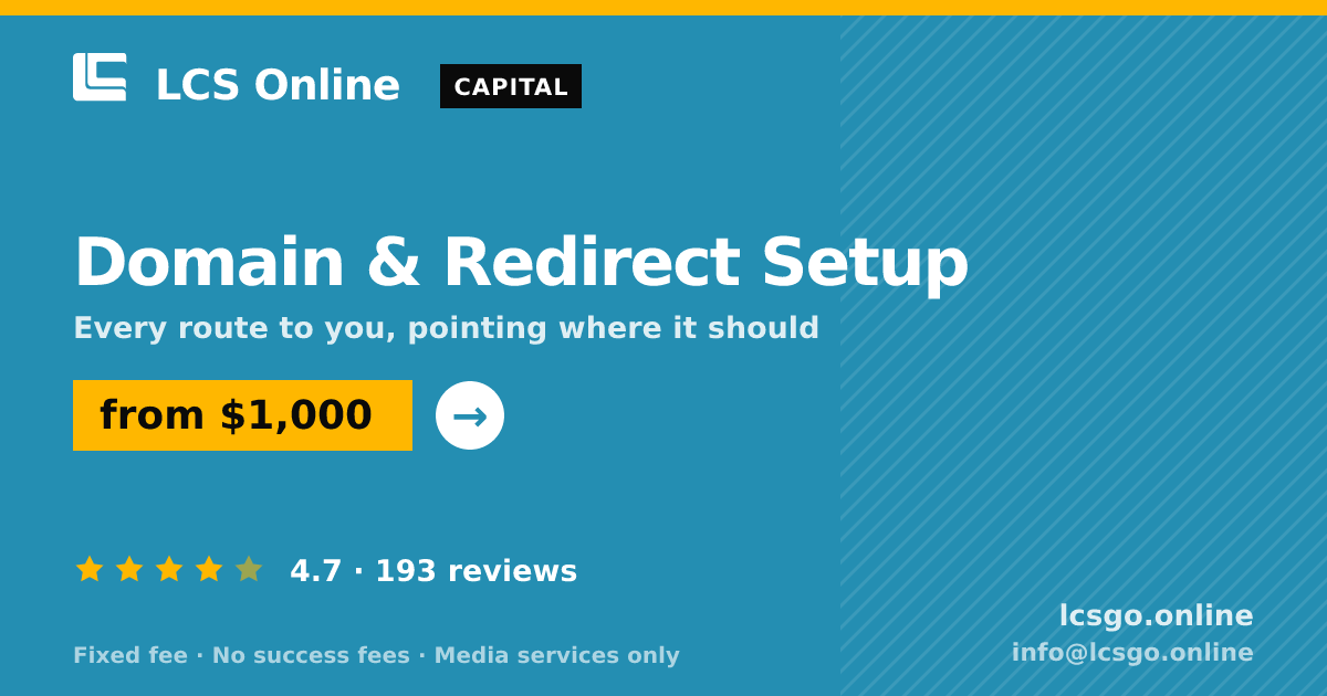 Domain & Redirect Setup — from $1,000, rated 4.7/5 across 193 reviews. LCS Online.