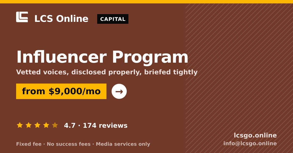 Influencer Program — from $9,000/mo, rated 4.7/5 across 174 reviews. LCS Online.