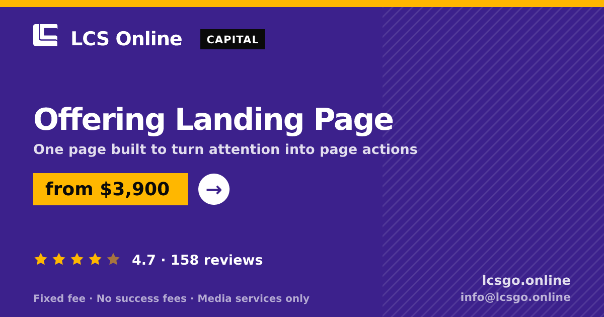 Offering Landing Page — from $3,900, rated 4.7/5 across 158 reviews. LCS Online.
