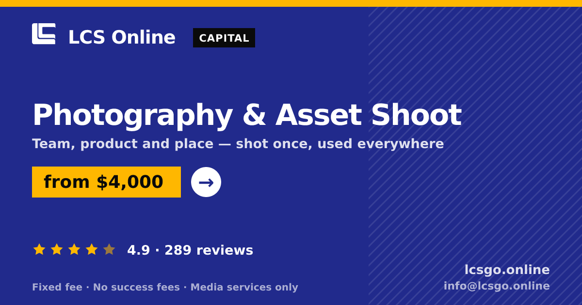 Photography & Asset Shoot — from $4,000, rated 4.9/5 across 289 reviews. LCS Online.