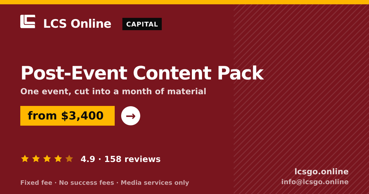 Post-Event Content Pack — from $3,400, rated 4.9/5 across 158 reviews. LCS Online.